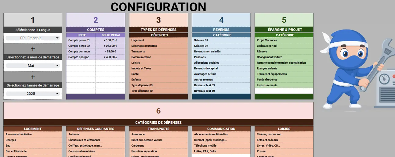 Onglet CONFIGURATION du classeur : choix de la langue, du mois et de l'année de démarrage, liste des comptes, types et catégories de dépenses