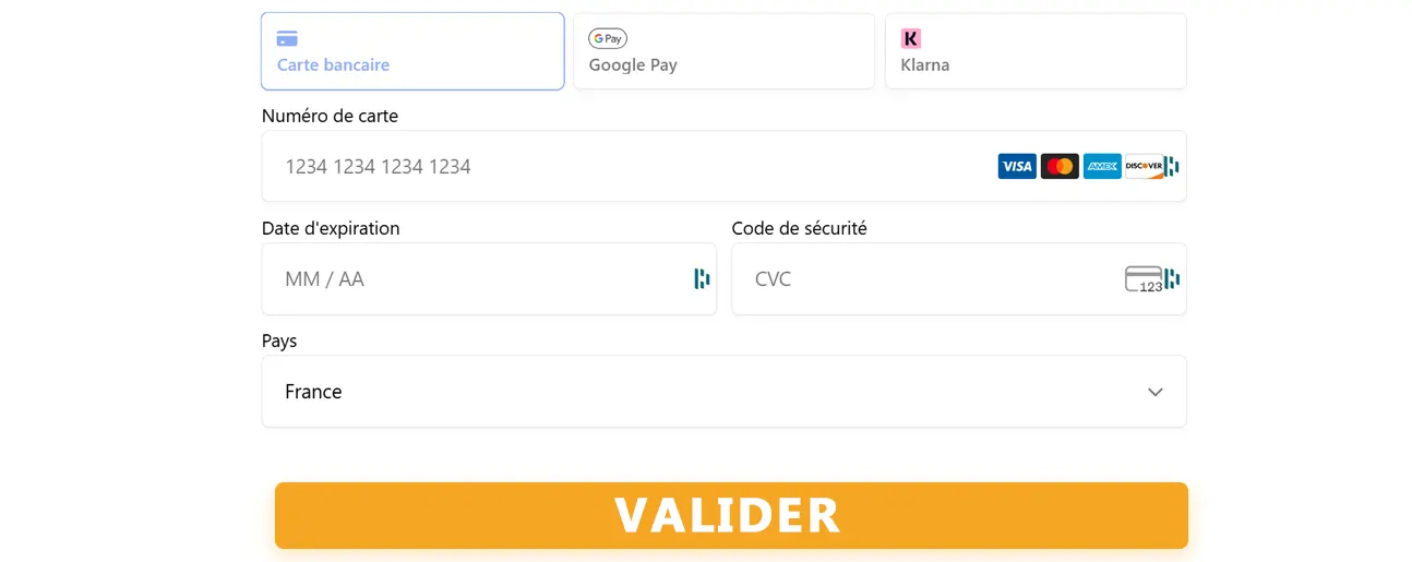 Formulaire de paiement sécurisé : carte bancaire, Google Pay, Klarna