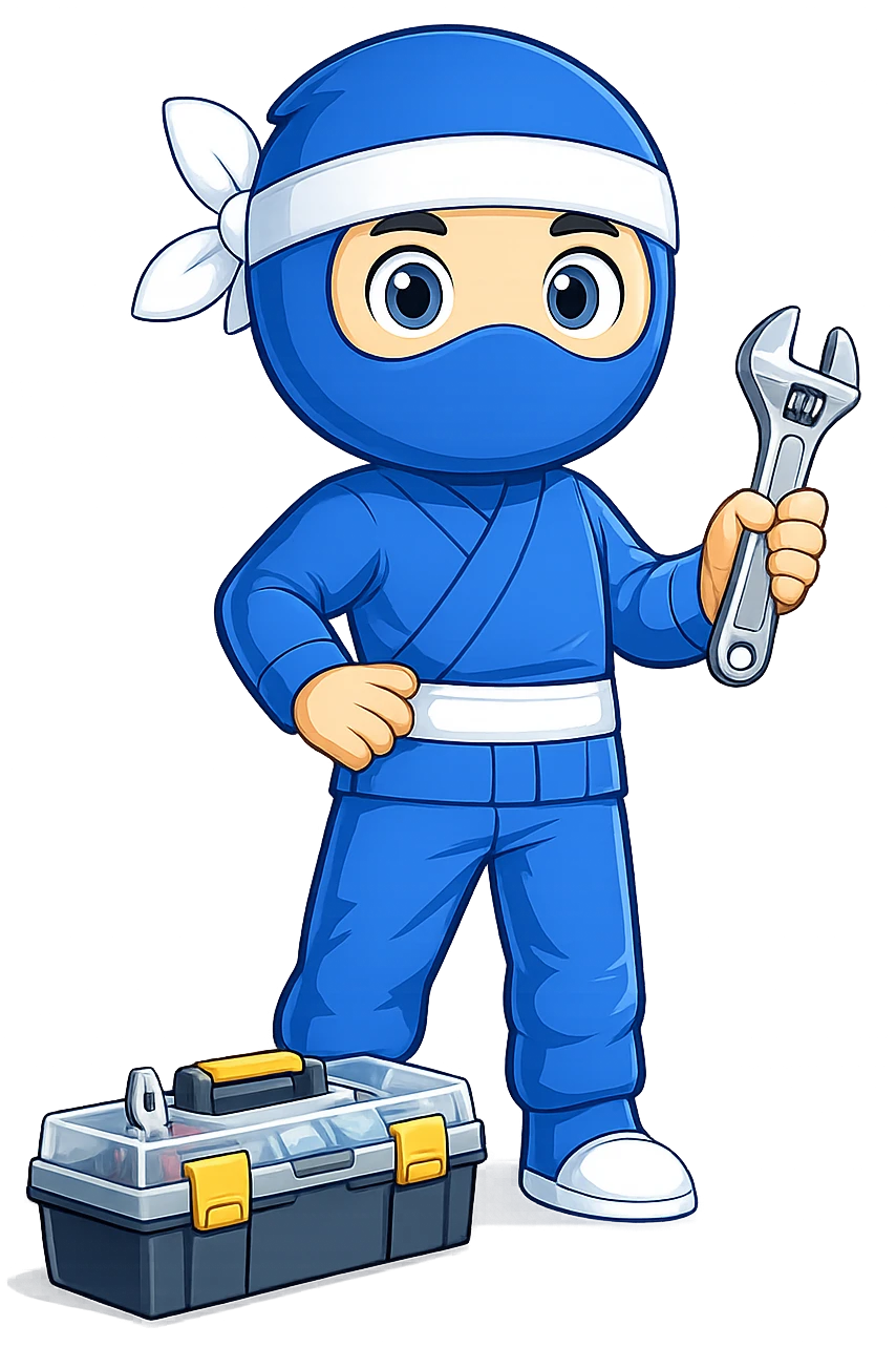 Ninja The Ninja Budget en tenue de réparateur, prêt à dépanner