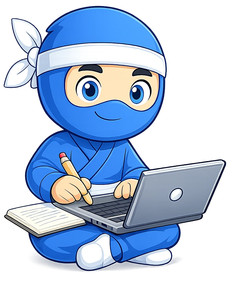 Ninja rédacteur avec ordinateur portable et carnet de notes